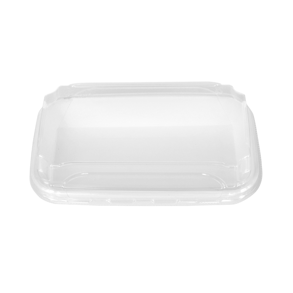 Caja de sushi desechable de fondo blanco con tapa transparente